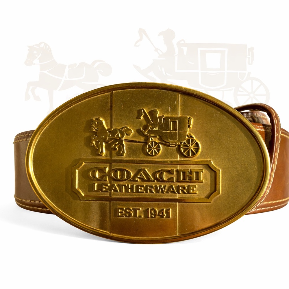 Coach Vintage Horse & Carriage Brass Plaque Belt Medium